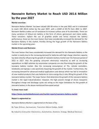 Nanowire Battery Market to Reach USD 265.6 Million by the year 2027