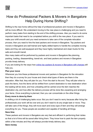 How do Professional Packers & Movers in Bangalore Help During Home Shifting
