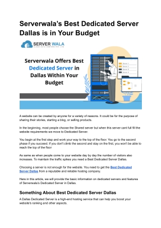 Serverwala Offers Best Dedicated Server in Dallas Within Your Budget