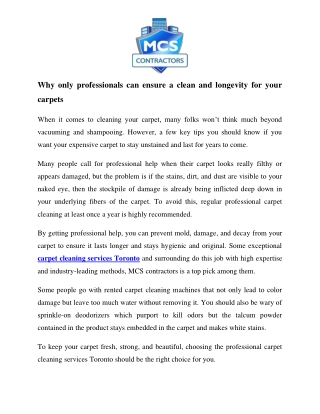 Carpet cleaning services Toronto MCS