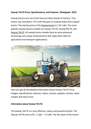 Swaraj 744 FE Price, Specifications, and Features | Khetigaadi- 2022