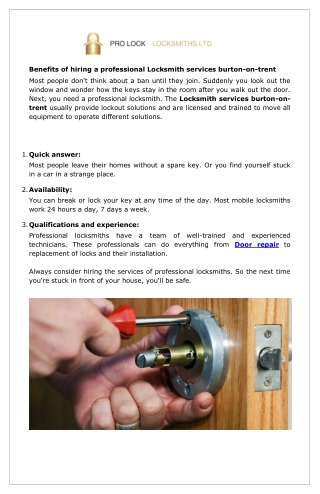 Benefits of hiring a professional Locksmith services burton