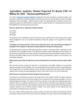 Agriculture Analytics Market Expected To Reach USD 1.4 Billion By 2025