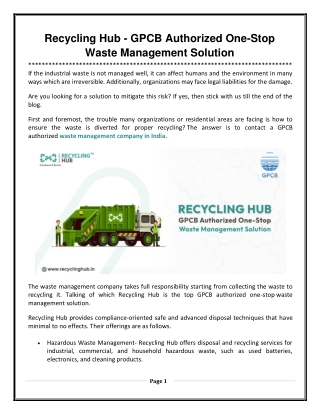 Recycling Hub - GPCB Authorized One-Stop Waste Management Solution