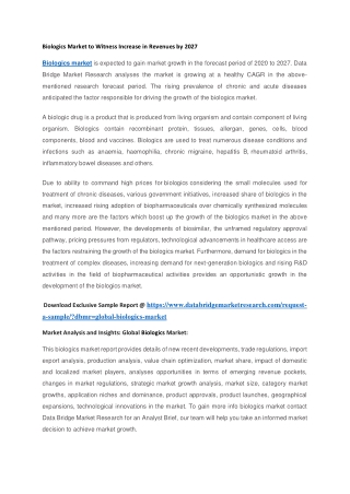 Biologics Market to Witness Increase in Revenues by 2027