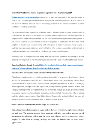 Clinical Analytics Solution Market Augmented Expansion to be Registered by 2027