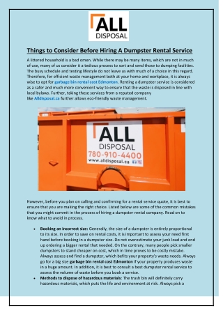 Things To Consider Before Hiring A Dumpster Rental Service
