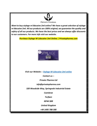 Purchase Stylage M Lidocaine 2ml Online  Privatepharma.com