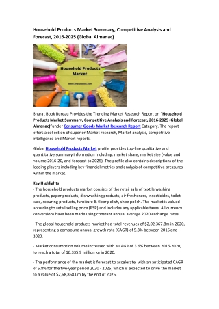 Household Products Market Summary, Competitive Analysis and Forecast, 2016-2025