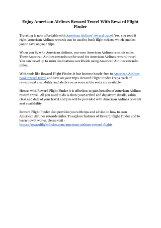 Enjoy American Airlines Reward Travel With Reward Flight Finder