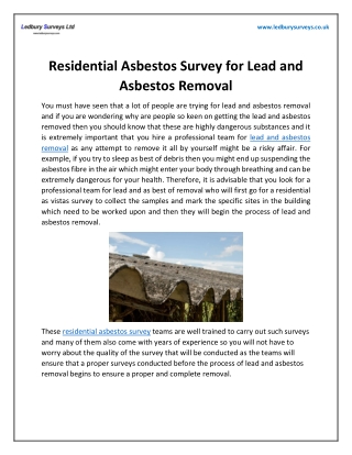 Residential Asbestos Survey for Lead and Asbestos Removal