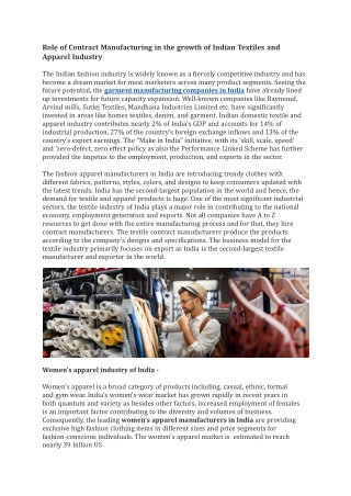 Growth of Indian Garments, and Textiles Manufacturing Industry
