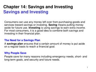 Chapter 14: Savings and Investing Savings and Investing