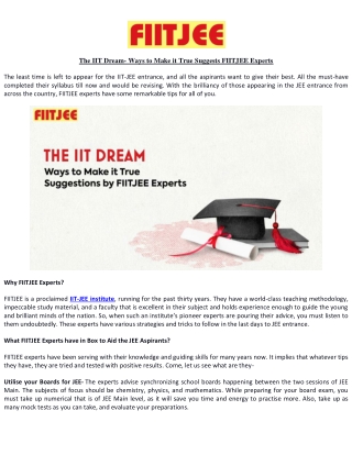 The IIT Dream- Ways to Make it True Suggests FIITJEE Experts