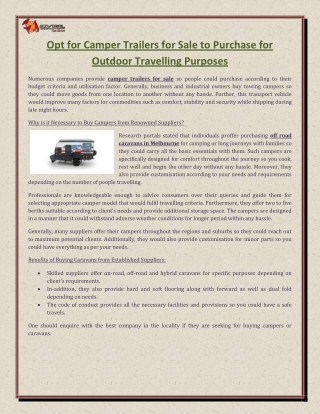 Opt for Camper Trailers for Sale to Purchase for Outdoor Travelling Purposes