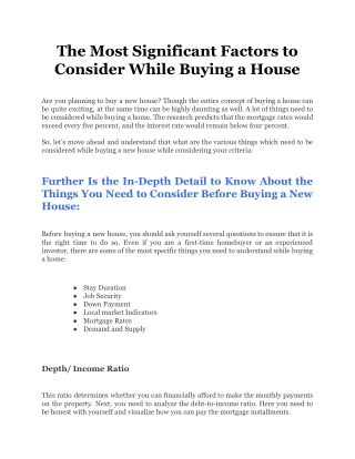 The Most Significant Factors to Consider While Buying a House
