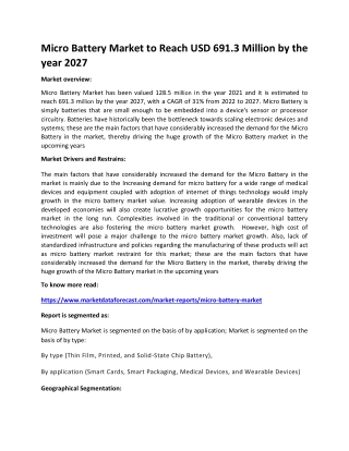 Micro Battery Market to Reach USD 691.3 Million by the year 2027