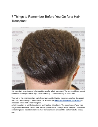 7 Things to Remember Before You Go for a Hair Transplant