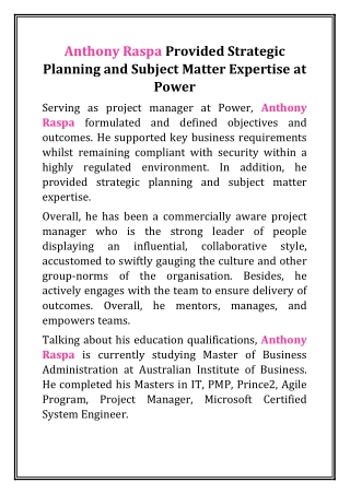 Anthony Raspa Provided Strategic Planning and Subject Matter Expertise at Power