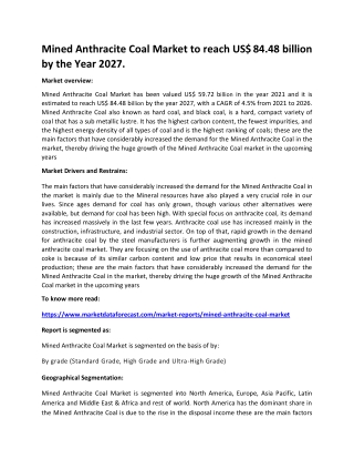 Mined Anthracite Coal Market to reach US$ 84.48 billion by the Year 2027