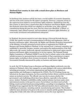 Thailand First country in Asia with a stand-alone plan on Business and Human Rights