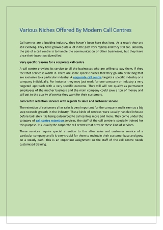Various Niches Offered By Modern Call Centres