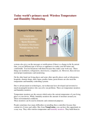 Today world’s primary need Wireless Temperature and Humidity Monitoring