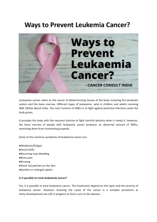 Ways To Prevent Leukaemia Cancer_