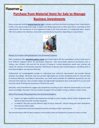 Purchase from Material Hoist for Sale to Manage Business Investments