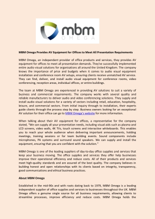 MBM Omega Provides AV Equipment for Offices to Meet All Presentation Requirements