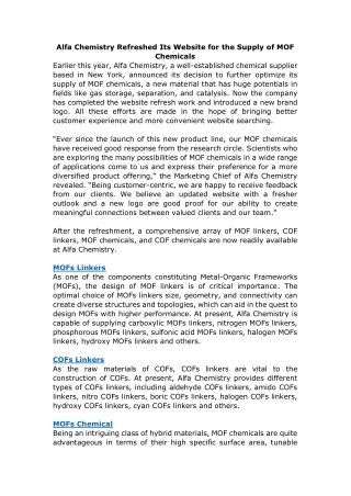 Alfa Chemistry Refreshed Its Website for the Supply of MOF Chemicals