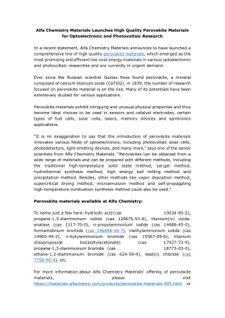 Alfa Chemistry Materials Launches High Quality Perovskite Materials for Optoelectronic and Photovoltaic Research