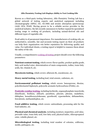 Alfa Chemistry Testing Lab Displays Ability to Test Cooking Oils