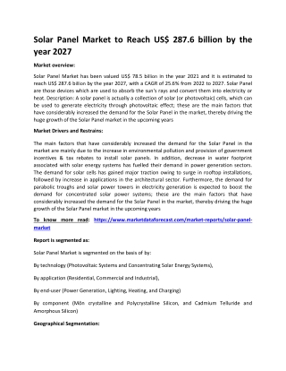 Solar Panel Market to Reach US$ 287.6 billion by the year 2027