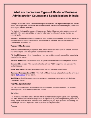 What are the Various Types of Master of Business Administration Courses and Specialisations in India