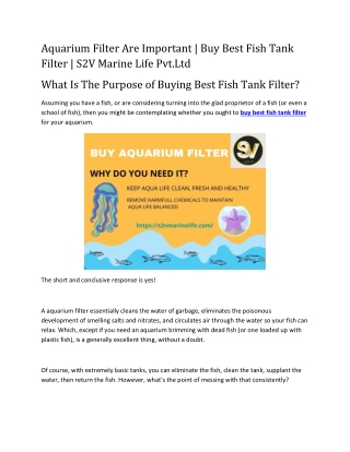 Aquarium Filter Are Important | Buy Best Fish Tank Filter | S2V Marine Life Pvt.