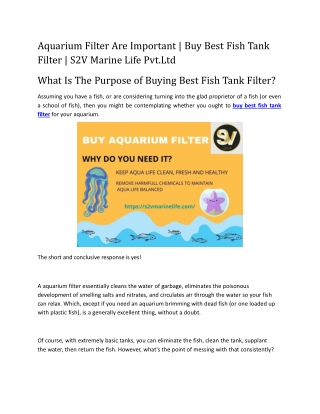 Aquarium Filter Are Important | Buy Best Fish Tank Filter | S2V Marine Life Pvt.