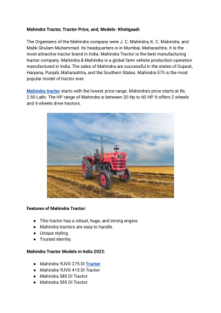 Mahindra Tractor, Tractor Price, and, Models- Khetigaadi