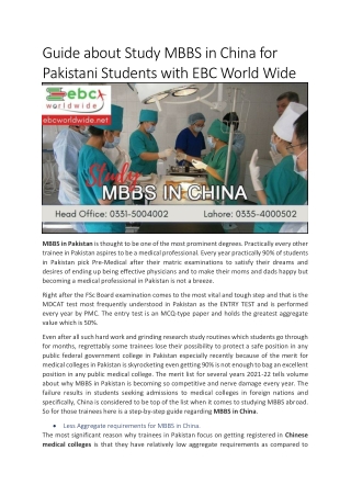 Guide about Study MBBS in China for Pakistani Students with EBC World Wide