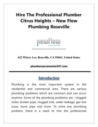 Hire The Professional Plumber Citrus Heights – New Flow Plumbing Roseville