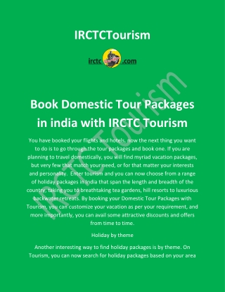 Book Domestic Tour Packages in india with IRCTC Tourism