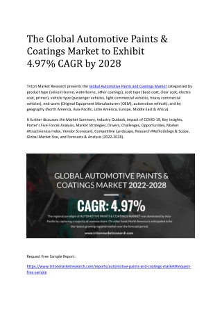 The Global Automotive Paints & Coatings Market to Exhibit 4.97% CAGR by 2028