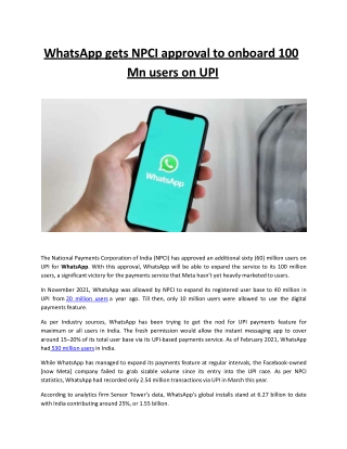 WhatsApp gets NPCI approval to onboard 100 Mn users on UPI