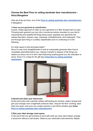 Choose the Best Floor to ceiling wardrobe door manufacturers - Artuz Bangalore