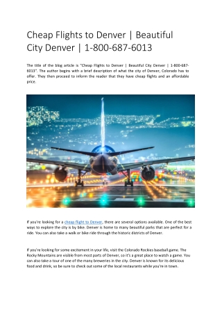 Cheap Flights to Denver | Beautiful City Denver | 1-800-687-6013
