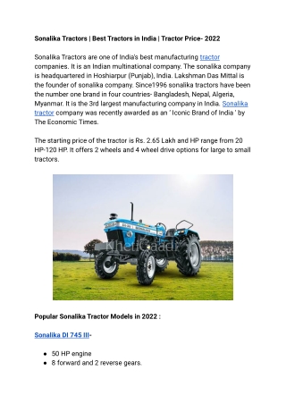 Sonalika Tractors | Best Tractors in India | Tractor Price- 2022