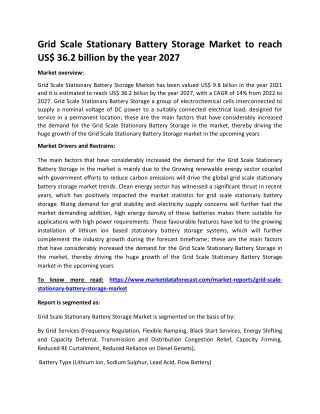 Grid Scale Stationary Battery Storage Market to reach US$ 36.2 billion by the ye
