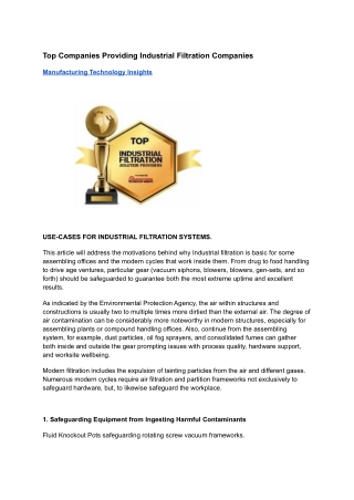 Top Companies Providing Industrial Filtration Companies