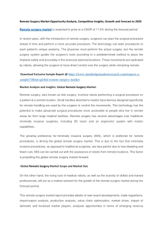 Remote Surgery Market Opportunity Analysis, Competitive Insights, Growth and Forecast to 2029