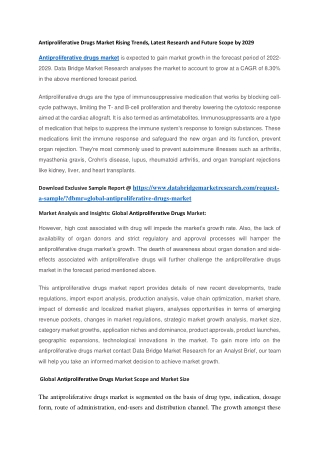 Antiproliferative Drugs Market Rising Trends, Latest Research and Future Scope by 2029
